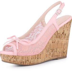Allegra K Pink Lace Wedge Sandals